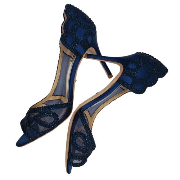 NEW Badgley Mischka Marla Blue Satin Beaded‎ Embellished Heels Size 8.5 - Picture 5 of 14